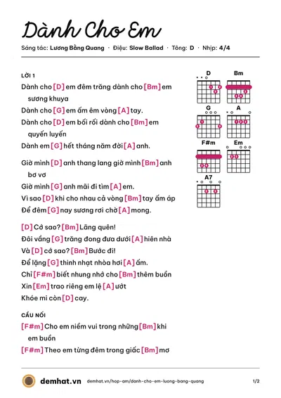 Hợp âm Dành Cho Em (Lý Hải) – bản nhạc PDF trang 1, tông D