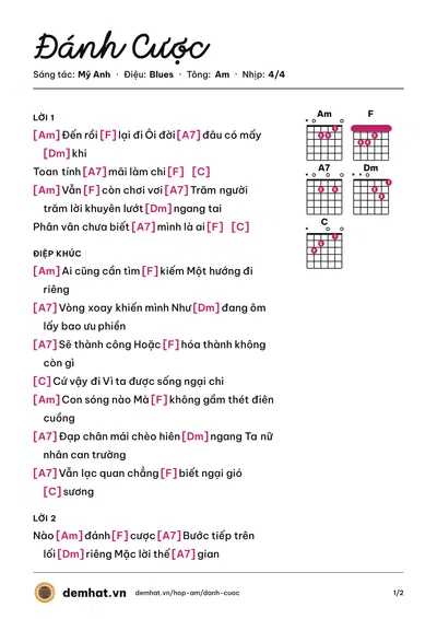Hợp âm Đánh Cược (Mỹ Anh) – bản nhạc PDF trang 1, tông Am