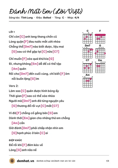 Hợp âm Đánh Mất Em (Lời Việt) (DATKAA) – bản nhạc PDF trang 1, tông C