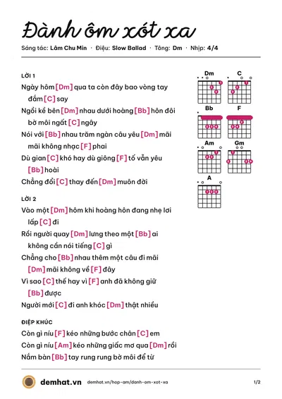 Hợp âm Đành ôm xót xa (Lâm Chu Min) – bản nhạc PDF trang 1, tông Dm