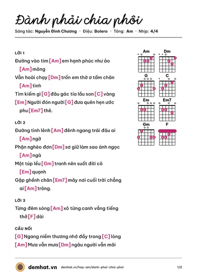 Hợp âm Đành phải chia phôi (Nguyễn Đình Chương) – bản nhạc PDF trang 1, tông Am