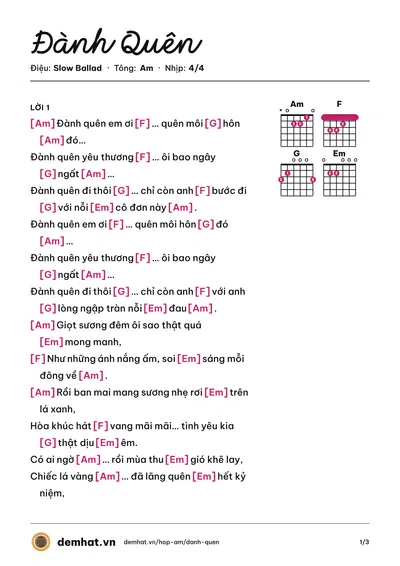 Hợp âm Đành Quên (Trúc Duy) – bản nhạc PDF trang 1, tông Am