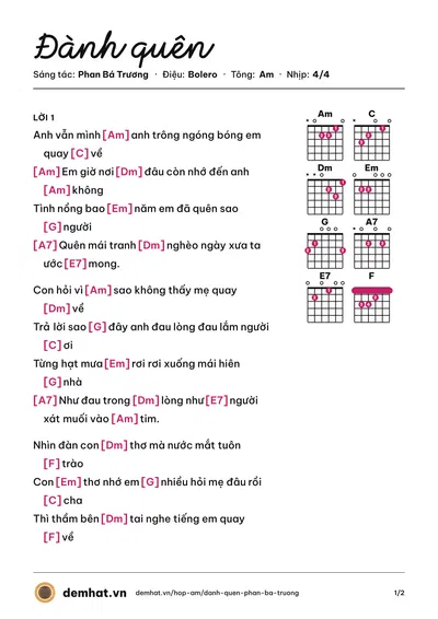 Hợp âm Đành quên (Hoàng Lâm) – bản nhạc PDF trang 1, tông Am