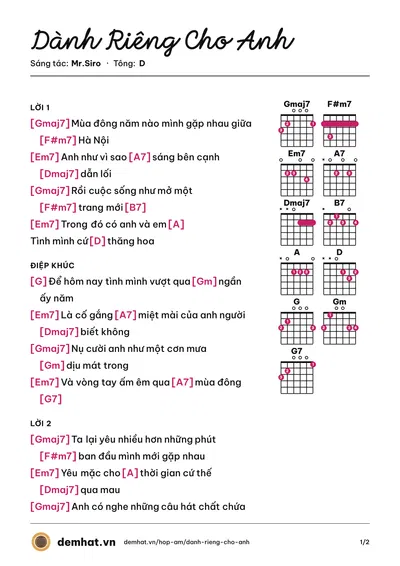 Hợp âm Dành Riêng Cho Anh (Trang Trang Tran) – bản nhạc PDF trang 1, tông D