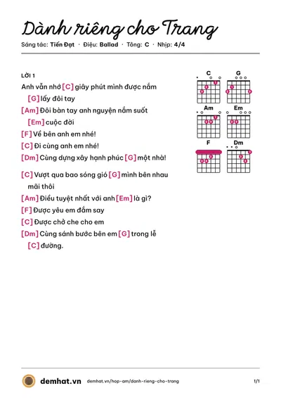 Hợp âm Dành riêng cho Trang (Tiến Đạt) – bản nhạc PDF trang 1, tông C
