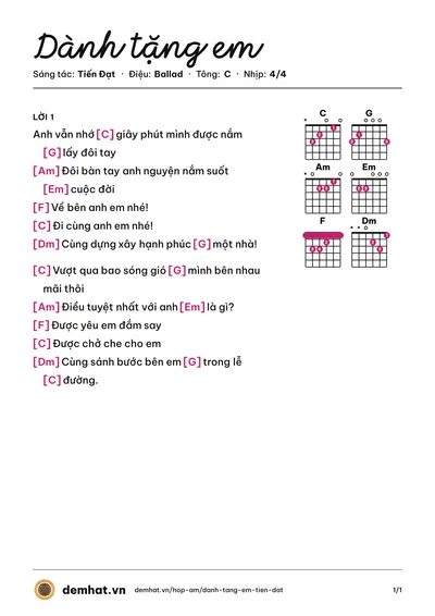 Hợp âm Dành tặng em (Trangxixi) – bản nhạc PDF trang 1, tông C