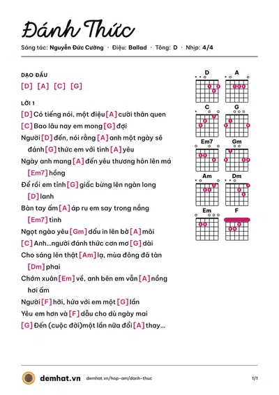 Hợp âm Đánh Thức (Hương Tràm) – bản nhạc PDF trang 1, tông D