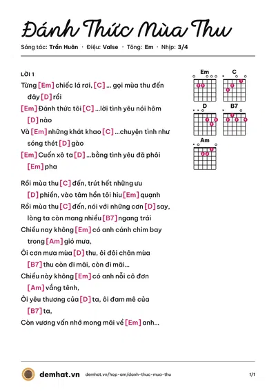 Hợp âm Đánh Thức Mùa Thu (Mỹ Tâm) – bản nhạc PDF trang 1, tông Em