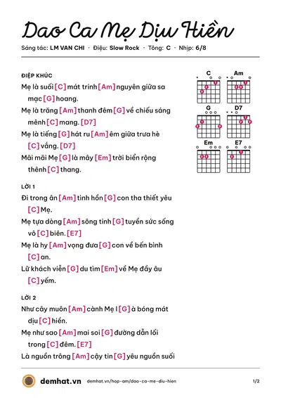 Hợp âm Dao Ca Mẹ Dịu Hiền (Lm. JB. Nguyễn Sang) – bản nhạc PDF trang 1, tông C