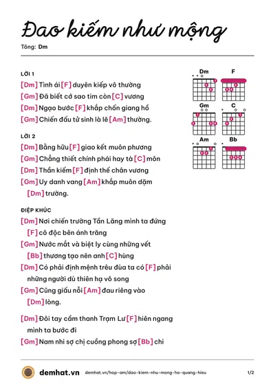 Hợp âm Đao kiếm như mộng (Hồ Quang Hiếu) – bản nhạc PDF trang 1, tông Dm