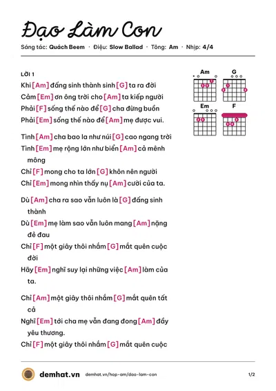 Hợp âm Đạo Làm Con (Quách Beem) – bản nhạc PDF trang 1, tông Am