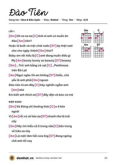 Hợp âm Đào Tiên (Bảo Uyên) – bản nhạc PDF trang 1, tông Dm