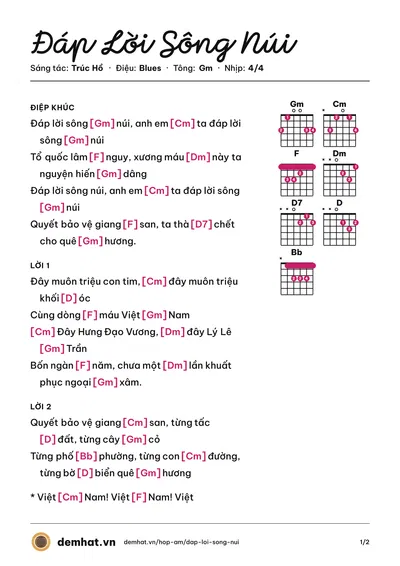 Hợp âm Đáp Lời Sông Núi (Hợp Ca Asian) – bản nhạc PDF trang 1, tông Gm