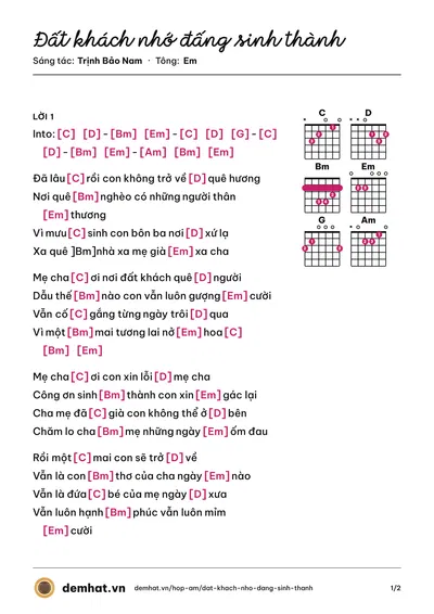 Hợp âm Đất khách nhớ đấng sinh thành (Trịnh Bảo Nam) – bản nhạc PDF trang 1, tông Em