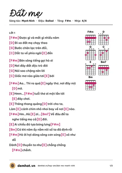 Hợp âm Đất mẹ (Mạnh Ninh) – bản nhạc PDF trang 1, tông F#m