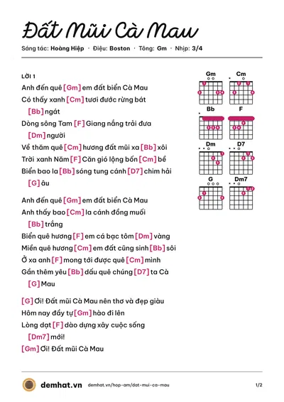 Hợp âm Đất Mũi Cà Mau (Quốc Đại) – bản nhạc PDF trang 1, tông Gm