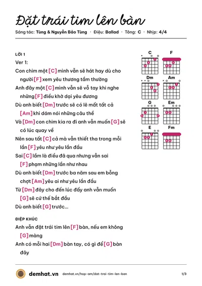 Hợp âm Đặt trái tim lên bàn (Tùng) – bản nhạc PDF trang 1, tông C