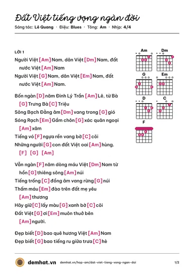 Hợp âm Đất Việt tiếng vọng ngàn đời (Nguyễn Phi Hùng) – bản nhạc PDF trang 1, tông Am