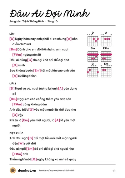 Hợp âm Đâu Ai Đợi Mình (Trịnh Thăng Bình) – bản nhạc PDF trang 1, tông D
