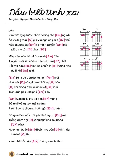 Hợp âm Dẫu biết tình xa (Anh Bằng) – bản nhạc PDF trang 1, tông Em