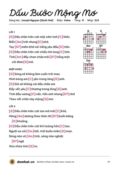 Hợp âm Dấu Bước Mộng Mơ (Tuyết Mai) – bản nhạc PDF trang 1, tông G