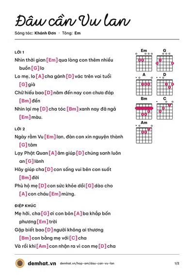Hợp âm Đâu cần Vu lan (Khánh Đơn) – bản nhạc PDF trang 1, tông Em