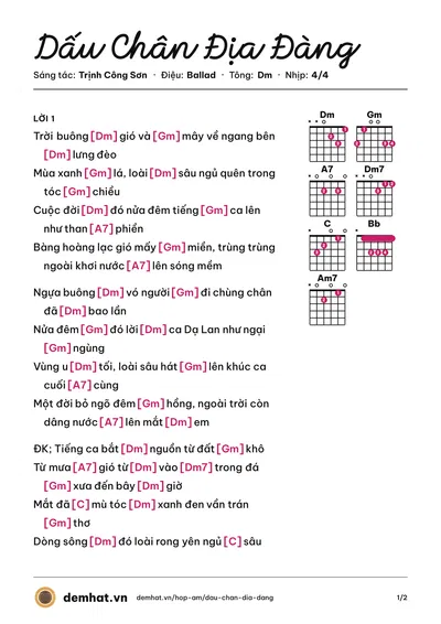 Hợp âm Dấu Chân Địa Đàng (Khánh Ly) – bản nhạc PDF trang 1, tông Dm