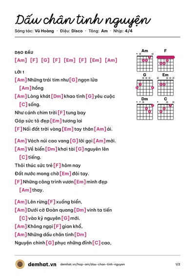 Hợp âm Dấu chân tình nguyện (CLB Giai Điệu Xanh) – bản nhạc PDF trang 1, tông Am