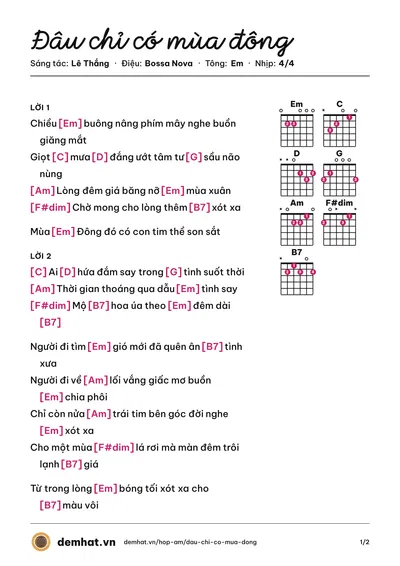 Hợp âm Đâu chỉ có mùa đông (Hải Trang) – bản nhạc PDF trang 1, tông Em
