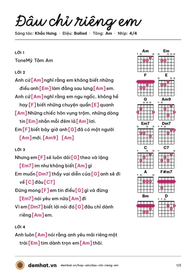 Hợp âm Đâu chỉ riêng em (Mỹ Tâm) – bản nhạc PDF trang 1, tông Am