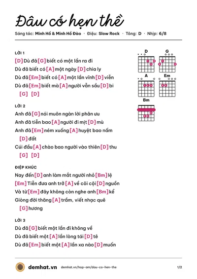 Hợp âm Đâu có hẹn thề (Kyra Nguyễn) – bản nhạc PDF trang 1, tông D