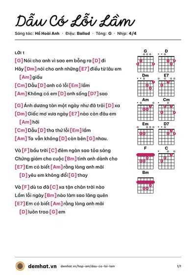 Hợp âm Dẫu Có Lỗi Lầm (Hiền Thục) – bản nhạc PDF trang 1, tông G