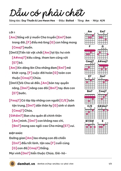 Hợp âm Dẫu có phải chết (Nguyệt Ánh) – bản nhạc PDF trang 1, tông Am