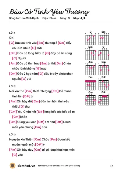 Hợp âm Đâu Có Tình Yêu Thương (Hoàng Oanh) – bản nhạc PDF trang 1, tông C