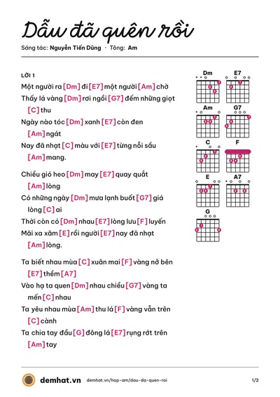 Hợp âm Dẫu đã quên rồi (Triệu Lộc) – bản nhạc PDF trang 1, tông Am
