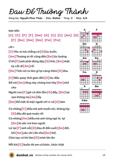 Hợp âm Đau Để Trưởng Thành (Only C) – bản nhạc PDF trang 1, tông C