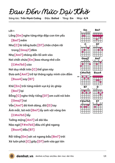 Hợp âm Đau Đến Mức Dại Khờ (Trần Mạnh Cường) – bản nhạc PDF trang 1, tông Em