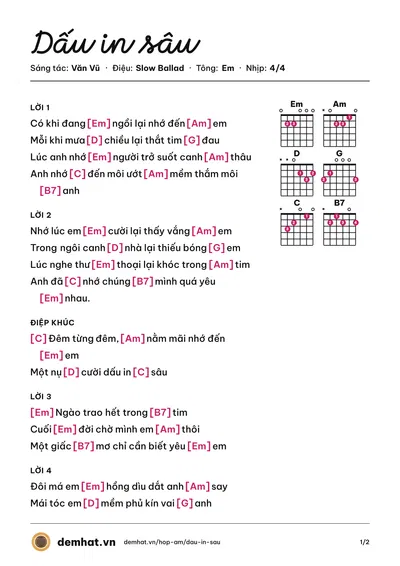 Hợp âm Dấu in sâu (Văn Vũ) – bản nhạc PDF trang 1, tông Em