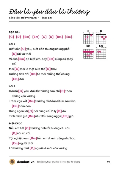 Hợp âm Đâu là yêu đâu là thương (Hồ Phong An) – bản nhạc PDF trang 1, tông Em