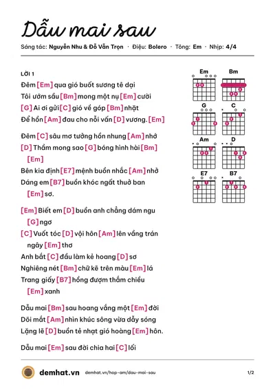 Hợp âm Dẫu mai sau (Quỳnh Lan) – bản nhạc PDF trang 1, tông Em