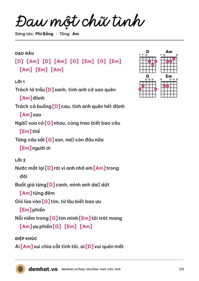 Hợp âm Đau một chữ tình (Phi Bằng) – bản nhạc PDF trang 1, tông Am