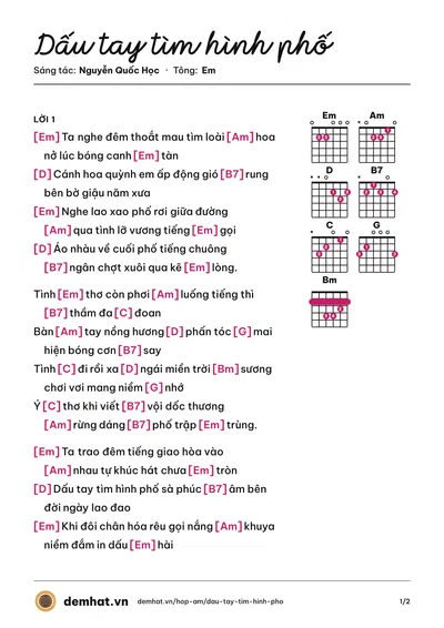 Hợp âm Dấu tay tìm hình phố (Huyền Trang) – bản nhạc PDF trang 1, tông Em