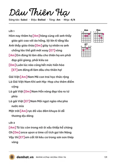 Hợp âm Dâu Thiên Hạ (Suboi) – bản nhạc PDF trang 1, tông Am