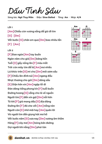 Hợp âm Dấu Tình Sầu (Hồng Ngọc) – bản nhạc PDF trang 1, tông Am