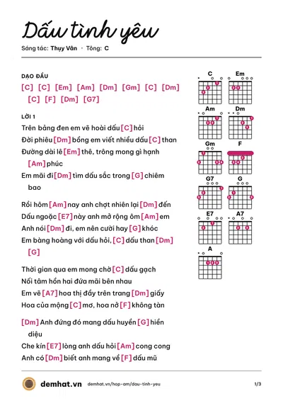 Hợp âm Dấu tình yêu (Diệu Hiền) – bản nhạc PDF trang 1, tông C
