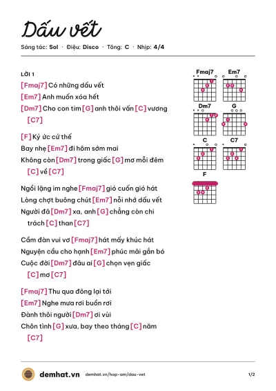 Hợp âm Dấu vết (Sol) – bản nhạc PDF trang 1, tông C
