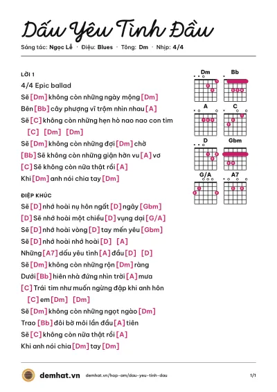 Hợp âm Dấu Yêu Tình Đầu (Thu Phương) – bản nhạc PDF trang 1, tông Dm