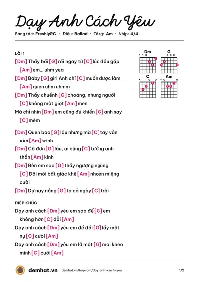 Hợp âm Dạy Anh Cách Yêu (FreshlyRC) – bản nhạc PDF trang 1, tông Am