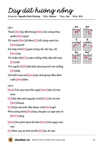 Hợp âm Day dứt hương nồng (Nguyễn Đình Chương) – bản nhạc PDF trang 1, tông Am