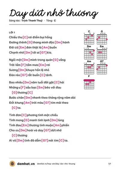 Hợp âm Day dứt nhớ thương (Dzoãn Minh) – bản nhạc PDF trang 1, tông C